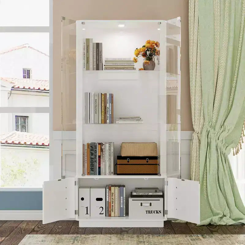 Vitrine blanche avec verre trempé et spot supérieur, bibliothèque minimaliste, présentoir et rangement pour objets de collection, pour bureau/étude/salon