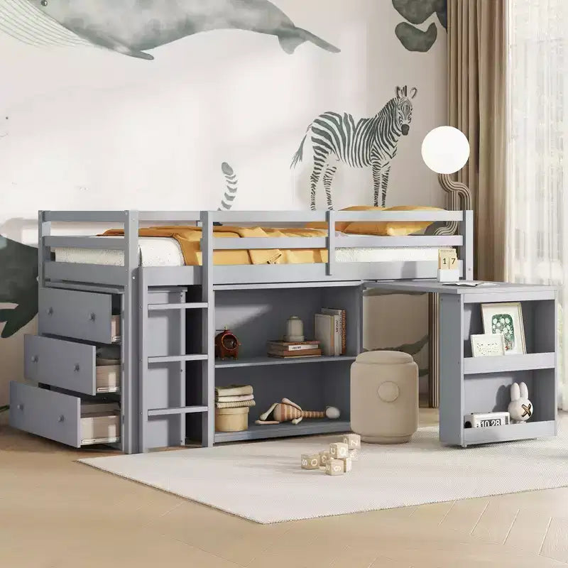 Lit mezzanine double MAYEERTY avec commode à tiroirs, commode à étagères et bureau coulissant, lit mezzanine en bois d'hévéa avec échelle de garde-corps gris