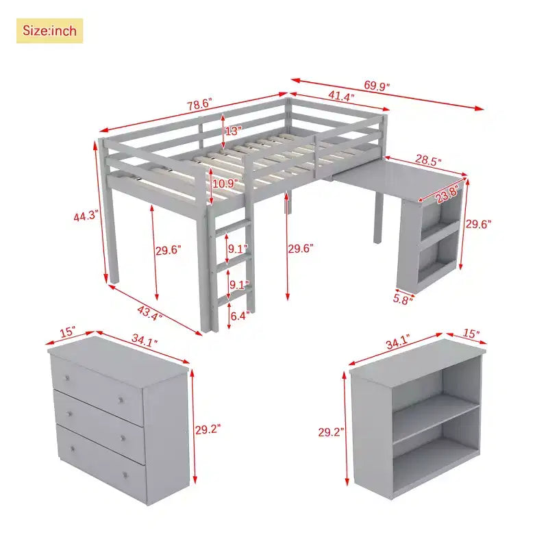 Lit mezzanine double MAYEERTY avec commode à tiroirs, commode à étagères et bureau coulissant, lit mezzanine en bois d'hévéa avec échelle de garde-corps gris