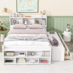 MAYEERTY Full Size Solid Wood Bed with Bookcase Headboard Under Bed Storage Drawers and Bed End Stoarge Case for Bedroom White