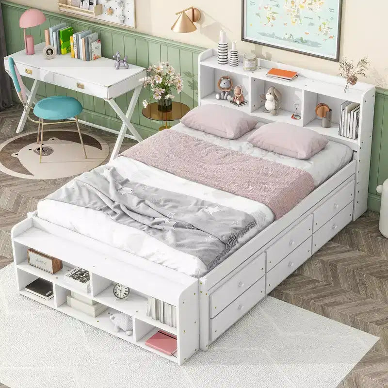 MAYEERTY Lit double en bois massif avec tête de lit bibliothèque, tiroirs de rangement sous le lit et coffre de rangement en bout de lit pour chambre à coucher, blanc