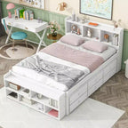 MAYEERTY Lit double en bois massif avec tête de lit bibliothèque, tiroirs de rangement sous le lit et coffre de rangement en bout de lit pour chambre à coucher, blanc