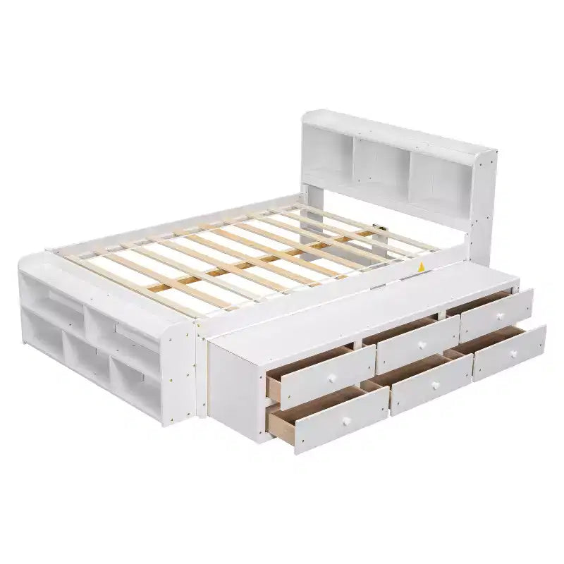 MAYEERTY Lit double en bois massif avec tête de lit bibliothèque, tiroirs de rangement sous le lit et coffre de rangement en bout de lit pour chambre à coucher, blanc