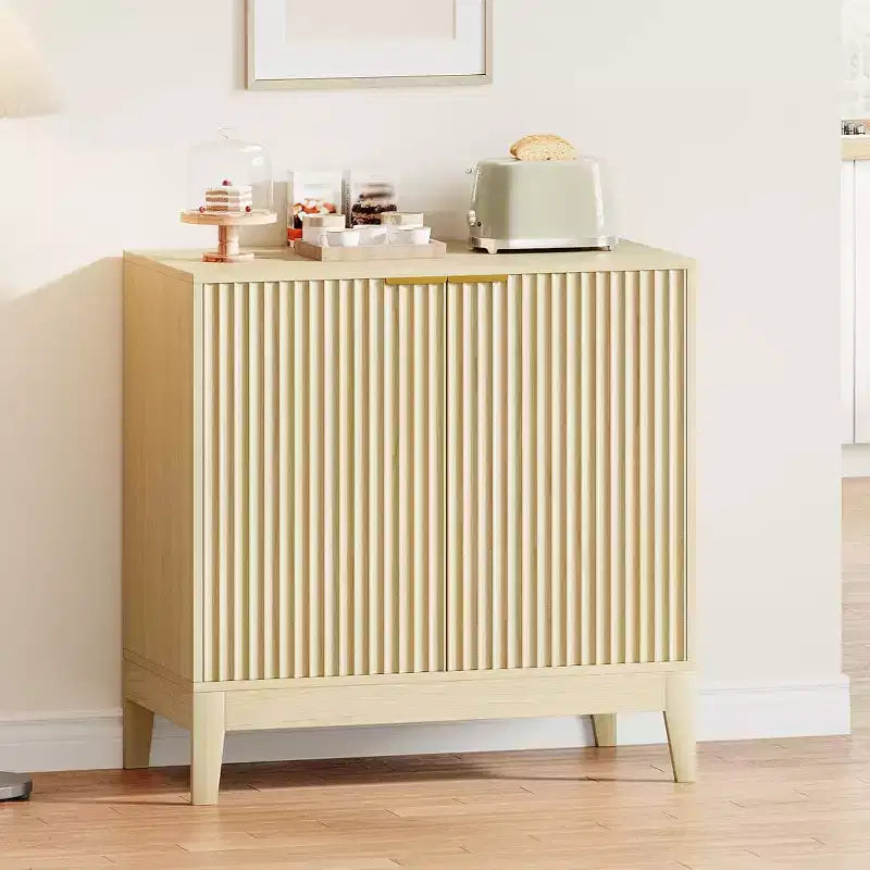 Buffet cannelé moderne de 31,5 po avec rangement en bois, style milieu de siècle, meuble de bar à café, enfilade, armoire de rangement d'appoint, console