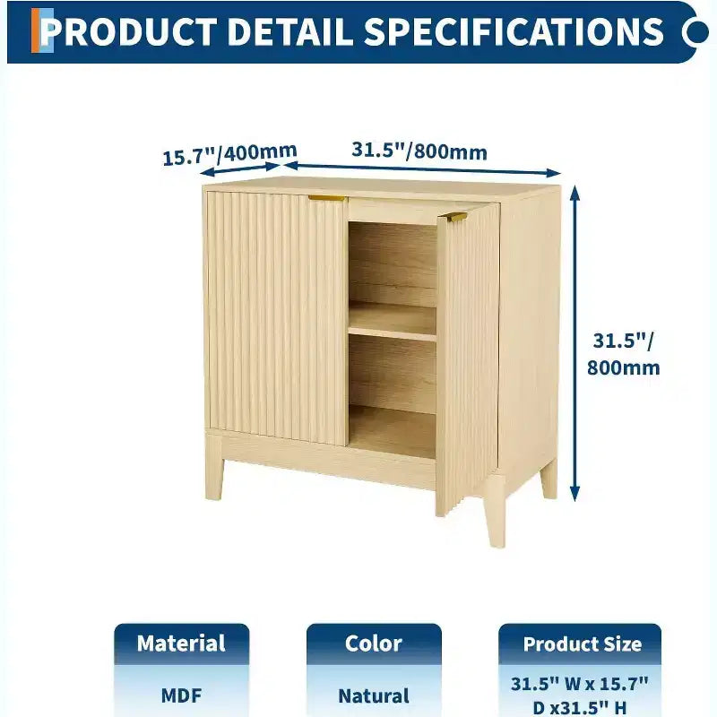 Buffet cannelé moderne de 31,5 po avec rangement en bois, style milieu de siècle, meuble de bar à café, enfilade, armoire de rangement d'appoint, console