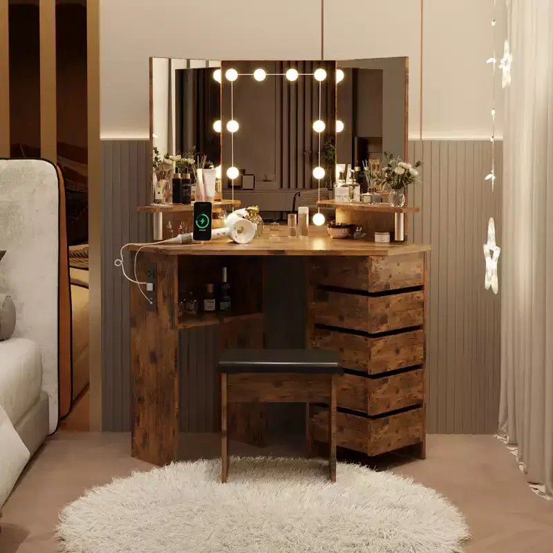Ensemble coiffeuse rotative à 5 tiroirs avec tabouret, design d'angle, luminosité réglable, convient aux chambres et aux salons