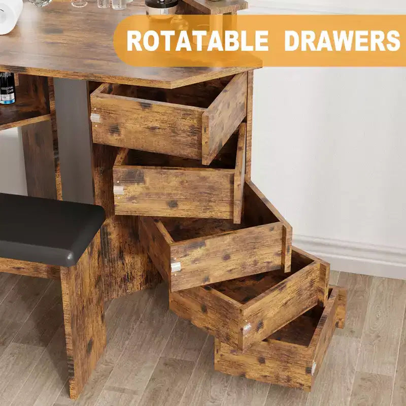 Ensemble coiffeuse rotative à 5 tiroirs avec tabouret, design d'angle, luminosité réglable, convient aux chambres et aux salons