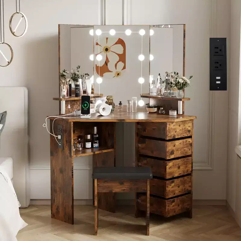 Ensemble coiffeuse rotative à 5 tiroirs avec tabouret, design d'angle, luminosité réglable, convient aux chambres et aux salons