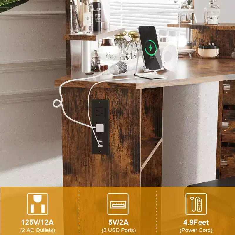 Ensemble coiffeuse rotative à 5 tiroirs avec tabouret, design d'angle, luminosité réglable, convient aux chambres et aux salons
