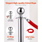 Poteaux et cordons VEVOR 4 pièces, base creuse avec poteau en acier inoxydable, 2 cordons et poteaux en velours rouge, poteaux de délimitation, argent