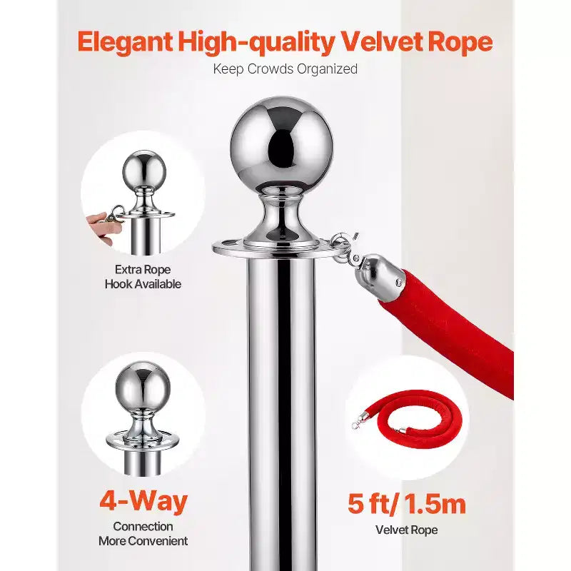Poteaux et cordons VEVOR 4 pièces, base creuse avec poteau en acier inoxydable, 2 cordons et poteaux en velours rouge, poteaux de délimitation, argent