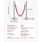 VEVOR Poteaux de Guidage et Cordons Velours 6 Pièces, Base Creuse avec Poteau en Acier Inoxydable, 3 Cordons Velours Rouges et Poteaux, Poteaux de Contrôle de Foule, Argent