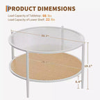 Table basse en rotin à 2 niveaux, table de salon bohème en métal, plateau en verre trempé, pour salon, bureau, maison
