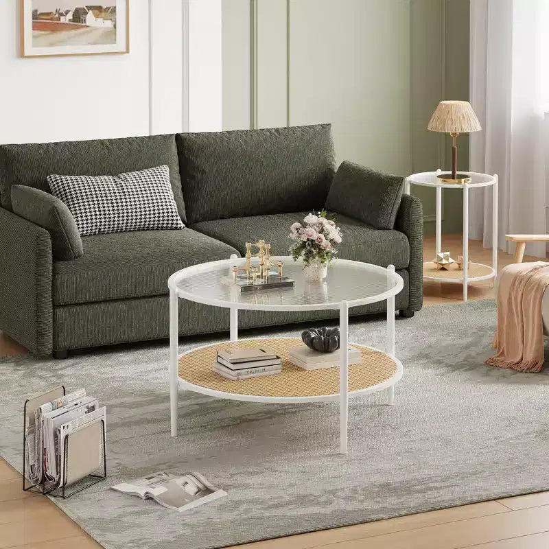 Table basse en rotin à 2 niveaux, table de salon bohème en métal, plateau en verre trempé, pour salon, bureau, maison