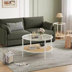 Table basse en rotin à 2 niveaux, table de salon bohème en métal, plateau en verre trempé, pour salon, bureau, maison