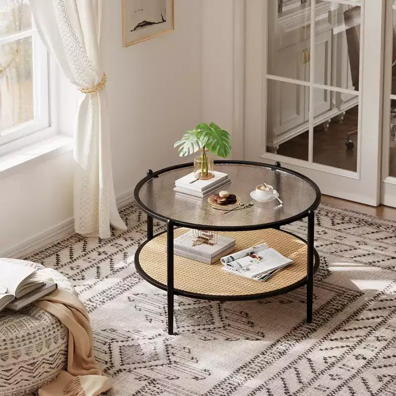 Table basse en rotin à 2 niveaux, table de salon bohème en métal, plateau en verre trempé, pour salon, bureau, maison