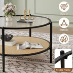 Table basse en rotin à 2 niveaux, table de salon bohème en métal, plateau en verre trempé, pour salon, bureau, maison