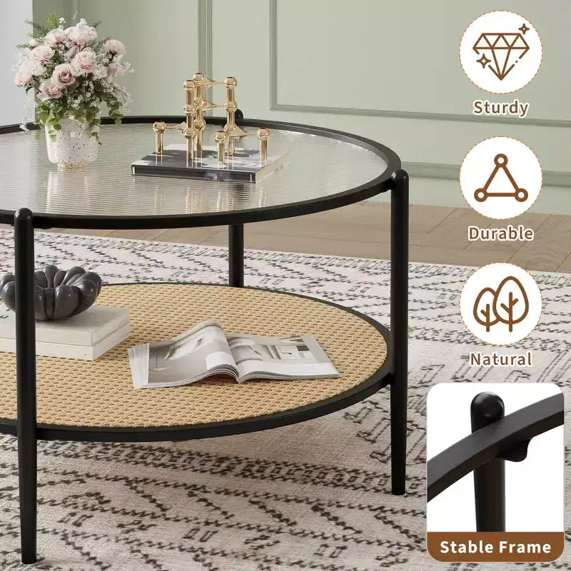 Table basse en rotin à 2 niveaux, table de salon bohème en métal, plateau en verre trempé, pour salon, bureau, maison