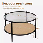 Table basse en rotin à 2 niveaux, table de salon bohème en métal, plateau en verre trempé, pour salon, bureau, maison
