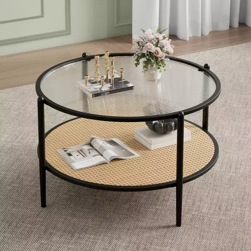 2-Tier Rattan Coffee Table, Metal Boho Tea Center Table, Tempered Glass Top, for Living Room Office Home