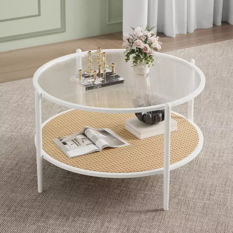Table basse en rotin à 2 niveaux, table de salon bohème en métal, plateau en verre trempé, pour salon, bureau, maison