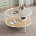 Table basse en rotin à 2 niveaux, table de salon bohème en métal, plateau en verre trempé, pour salon, bureau, maison