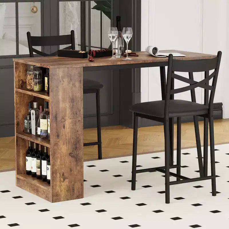 Ensemble table de bar et 2 chaises, table de bar haute de cuisine, ensemble de salle à manger en bois hauteur bar, étagères de rangement à 3 niveaux, 2 tabourets, pour petits espaces