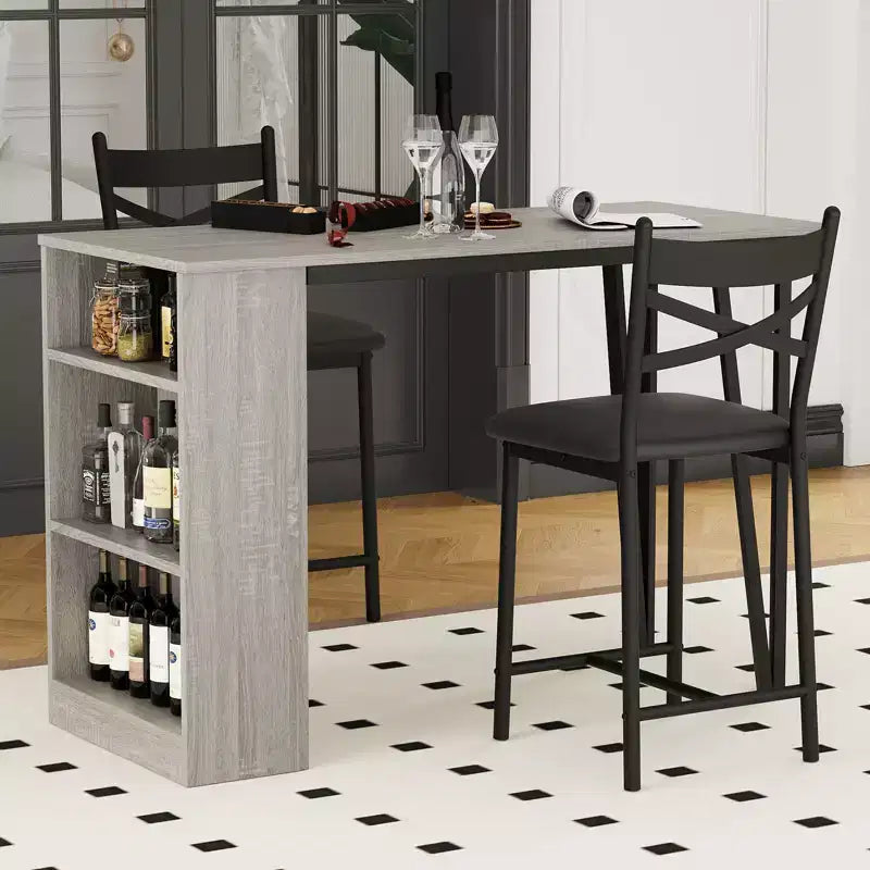 Ensemble table de bar et 2 chaises, table de bar haute de cuisine, ensemble de salle à manger en bois hauteur bar, étagères de rangement à 3 niveaux, 2 tabourets, pour petits espaces