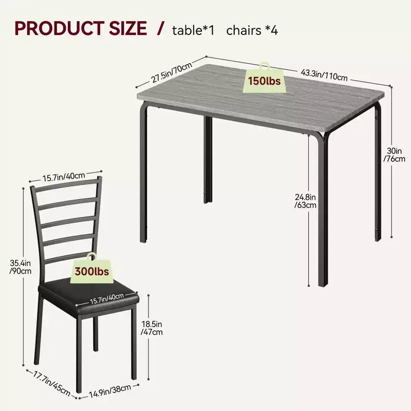Ensemble de 5 chaises de salle à manger avec table de cuisine, structure en métal et plateau en bois, table à dîner carrée, montage facile, pour la maison