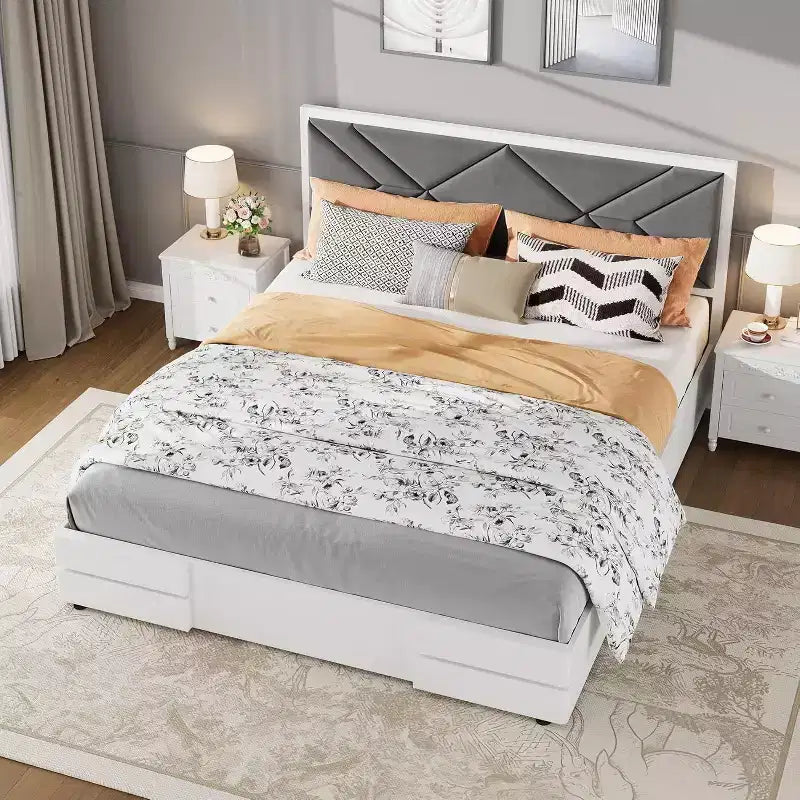 Cadre de lit en bois COZONY avec tête de lit rembourrée, lattes en bois solides, pas besoin de sommier tapissier