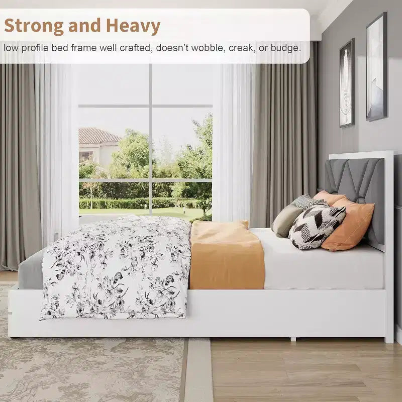 Cadre de lit en bois COZONY avec tête de lit rembourrée, lattes en bois solides, pas besoin de sommier tapissier