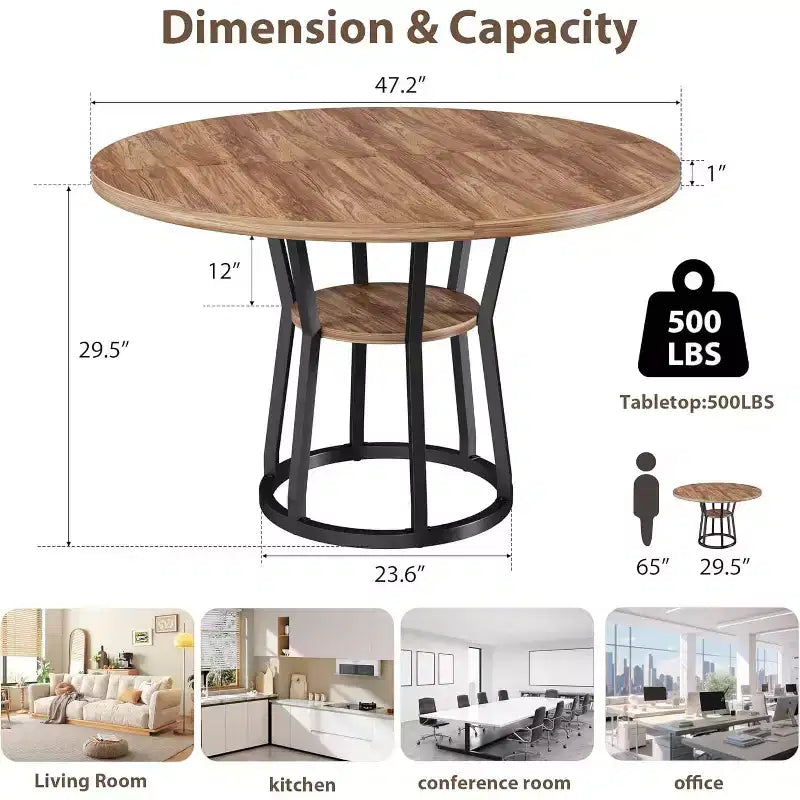 Table à manger ronde COZONY 47 pour 4 personnes, table de ferme en bois avec étagère de rangement et pieds en métal, meuble de cuisine compact