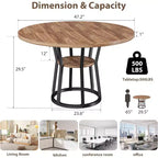 Table à manger ronde COZONY 47 pour 4 personnes, table de ferme en bois avec étagère de rangement et pieds en métal, meuble de cuisine compact