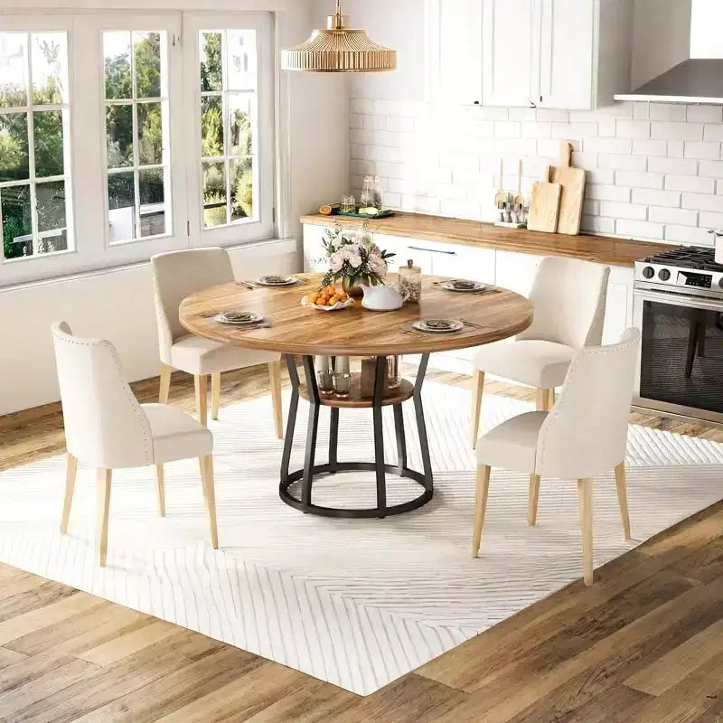 Table à manger ronde COZONY 47 pour 4 personnes, table de ferme en bois avec étagère de rangement et pieds en métal, meuble de cuisine compact