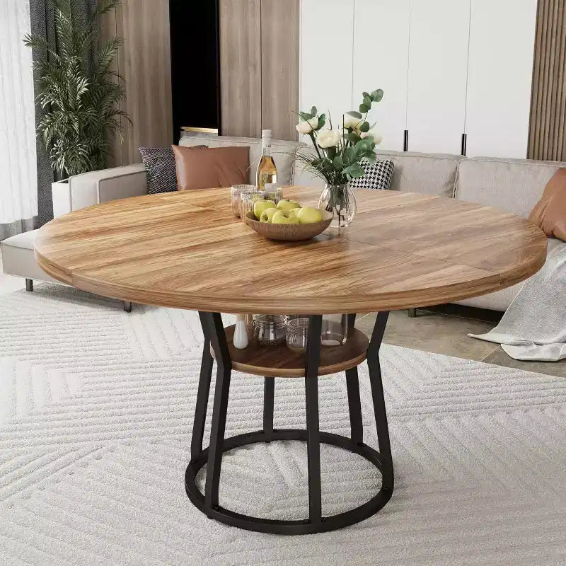 Table à manger ronde COZONY 47 pour 4 personnes, table de ferme en bois avec étagère de rangement et pieds en métal, meuble de cuisine compact