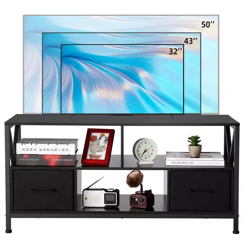 Meuble TV en Fer, Bois et Tissu – Grande Taille, Tiroirs en Tissu Élégants, Cadre Robuste en Fer et Bois, Rangement Spacieux, Design Moderne