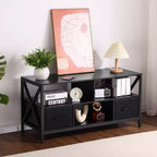 Meuble TV en Fer, Bois et Tissu – Grande Taille, Tiroirs en Tissu Élégants, Cadre Robuste en Fer et Bois, Rangement Spacieux, Design Moderne
