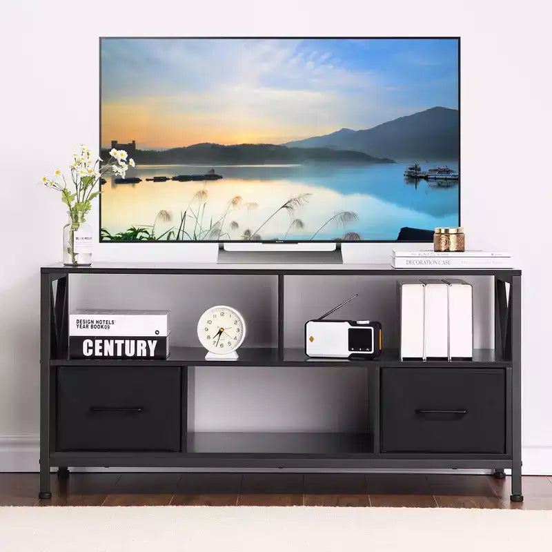 Meuble TV en Fer, Bois et Tissu – Grande Taille, Tiroirs en Tissu Élégants, Cadre Robuste en Fer et Bois, Rangement Spacieux, Design Moderne