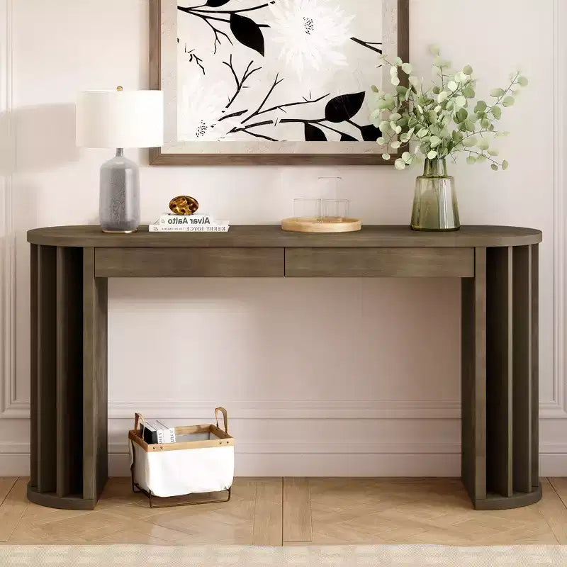 Longue console avec rangement, Table d'entrée minimaliste avec tiroirs et Table de couloir en bois avec design à lignes courbes et droites
