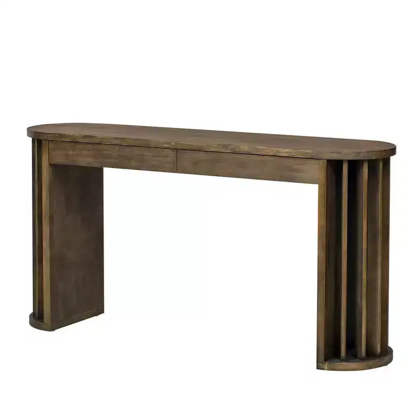 Longue console avec rangement, Table d'entrée minimaliste avec tiroirs et Table de couloir en bois avec design à lignes courbes et droites