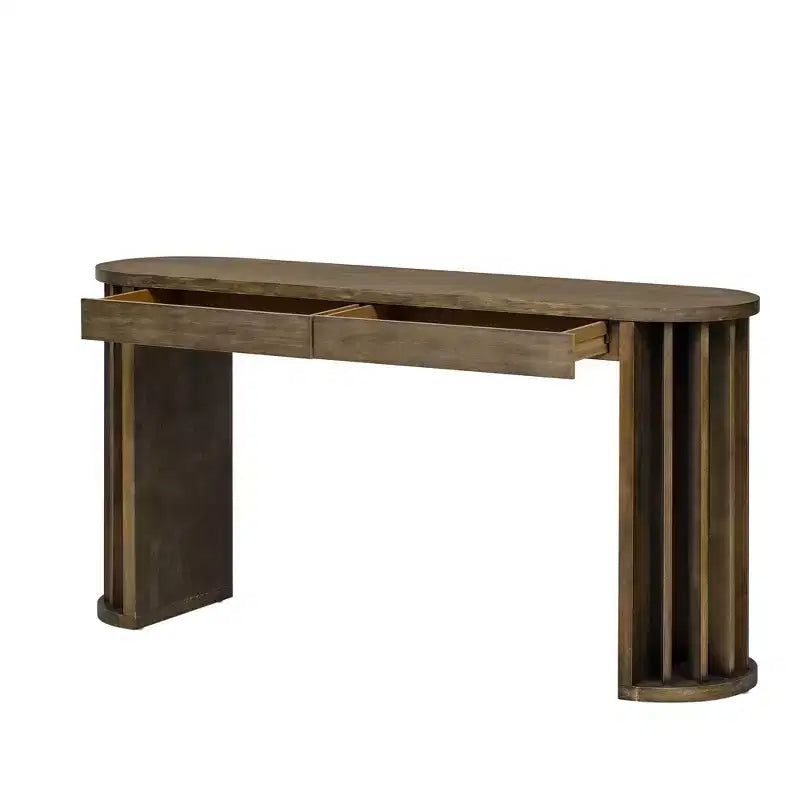 Longue console avec rangement, Table d'entrée minimaliste avec tiroirs et Table de couloir en bois avec design à lignes courbes et droites