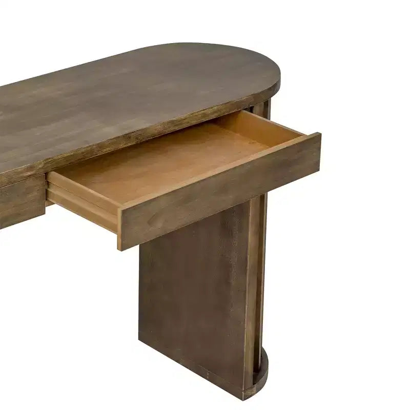 Longue console avec rangement, Table d'entrée minimaliste avec tiroirs et Table de couloir en bois avec design à lignes courbes et droites