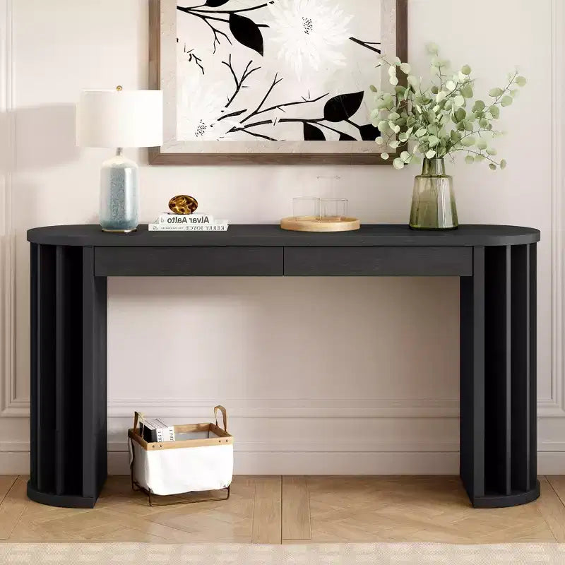 Longue console avec rangement, Table d'entrée minimaliste avec tiroirs et Table de couloir en bois avec design à lignes courbes et droites