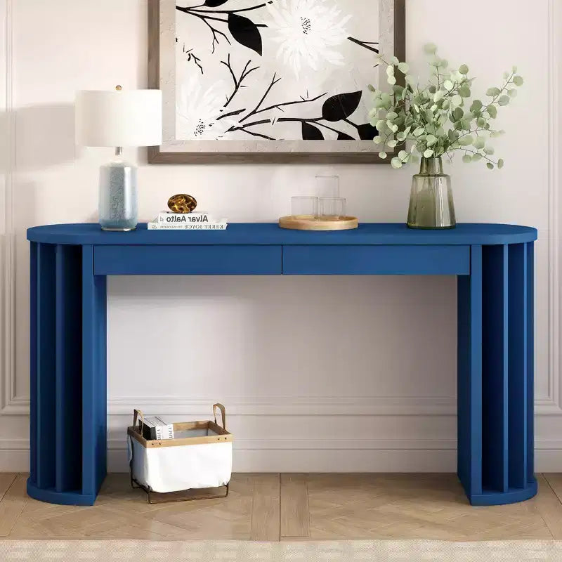 Longue console avec rangement, Table d'entrée minimaliste avec tiroirs et Table de couloir en bois avec design à lignes courbes et droites