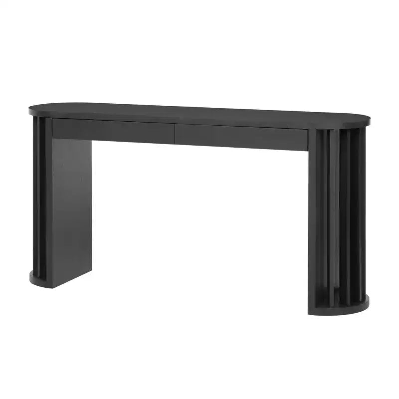 Longue console avec rangement, Table d'entrée minimaliste avec tiroirs et Table de couloir en bois avec design à lignes courbes et droites