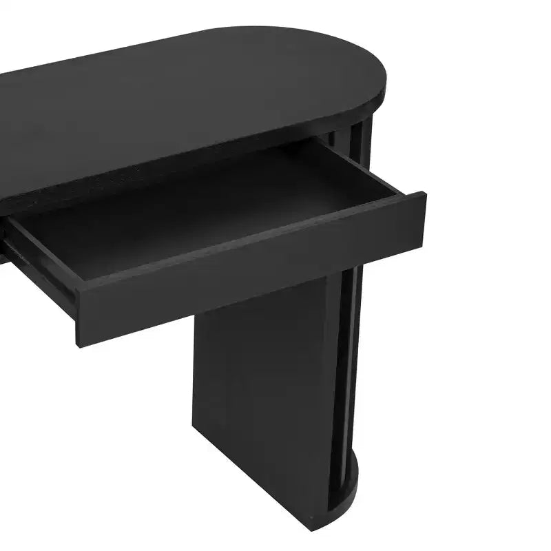 Longue console avec rangement, Table d'entrée minimaliste avec tiroirs et Table de couloir en bois avec design à lignes courbes et droites