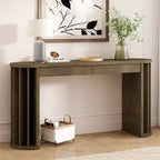 Longue console avec rangement, Table d'entrée minimaliste avec tiroirs et Table de couloir en bois avec design à lignes courbes et droites