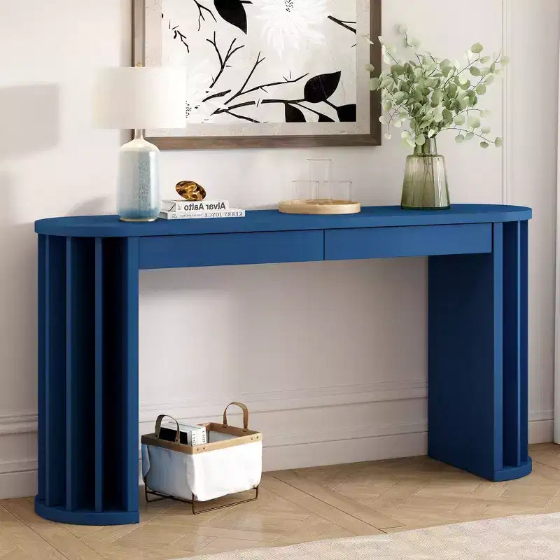 Longue console avec rangement, Table d'entrée minimaliste avec tiroirs et Table de couloir en bois avec design à lignes courbes et droites
