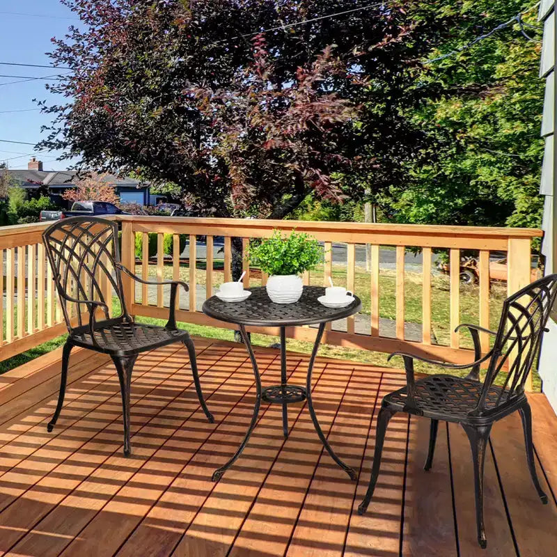 COZONY 3 Piece Cast Aluminum Patio Bistro Set, Table & Chairs with Umbrella Hole, Adjustable Feet, Black & Bronze