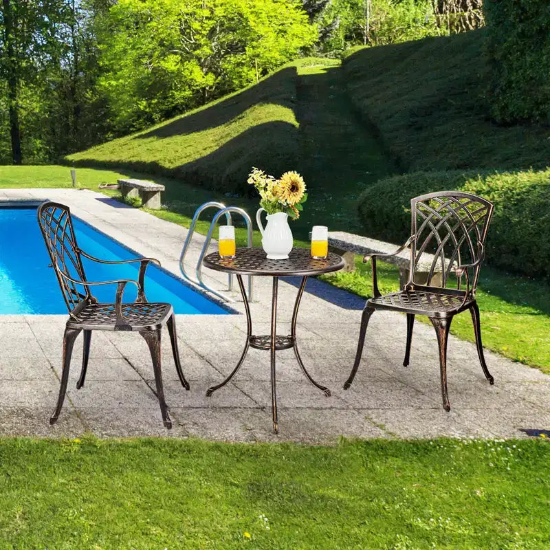 COZONY Ensemble de Bistro 3 Pièces en Aluminium Coulé pour Patio, Table et Chaises avec Trou pour Parapluie, Pieds Réglables, Noir et Bronze